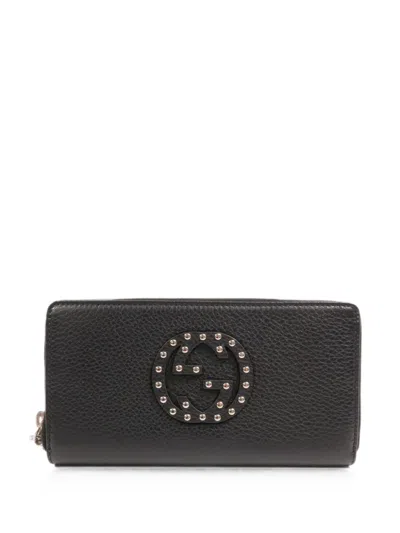 Pre-owned Gucci Studded Gg-interlocking Zip Wallet In Black