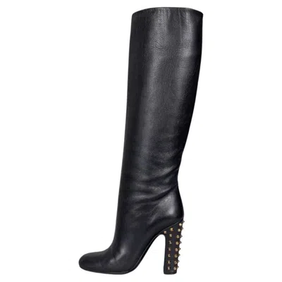 Pre-owned Gucci Studded Leather Block Heel Boots - Size 36.5 In Black