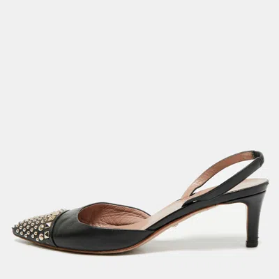 Pre-owned Gucci Studded Size 37 Black Leather Pointed Toe Slingback Pumps