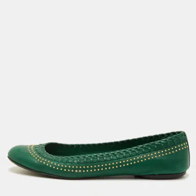 Pre-owned Gucci Studded Size 38.5 Green Leather Ballet Flats