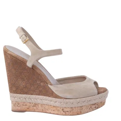 Pre-owned Gucci Suede & Ssima Cork Hollie Wedge Sandals - '10s In Brown