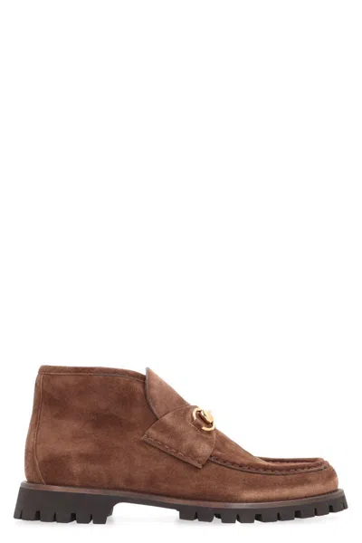 Gucci Sylke Suede Bit Moccasin Booties In Brown