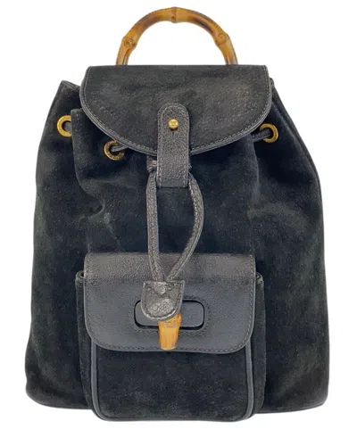 Pre-owned Gucci Suede Bamboo Backpack Black Gold (authentic Pre-loved)