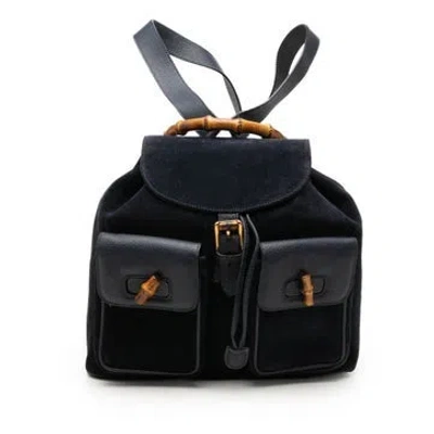 Pre-owned Gucci Suede Bamboo Drawstring Backpack In Blue