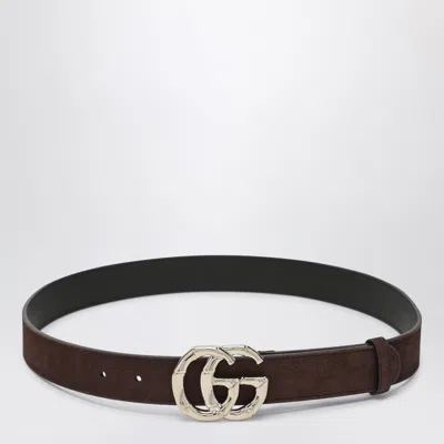 Gucci Suede Belt With Bamboo Gg Marmont Buckle In Brown