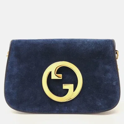 Pre-owned Gucci Suede Blondie Shoulder Bag In Navy Blue