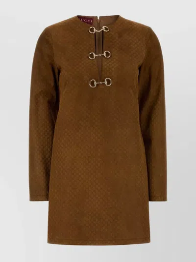 Gucci Suede Dress With Long Sleeves And Textured Fabric In Brown