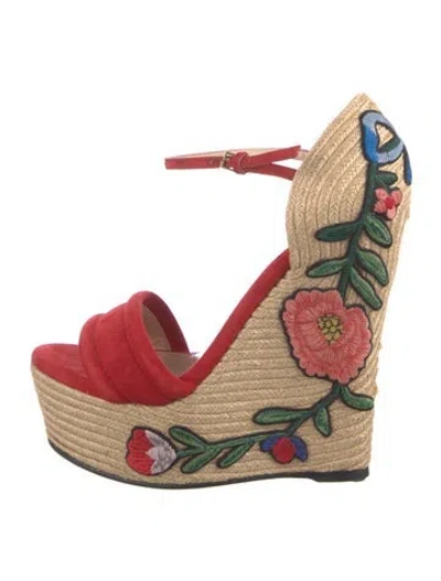 Pre-owned Gucci Suede Embroidered Accent Espadrilles In Red