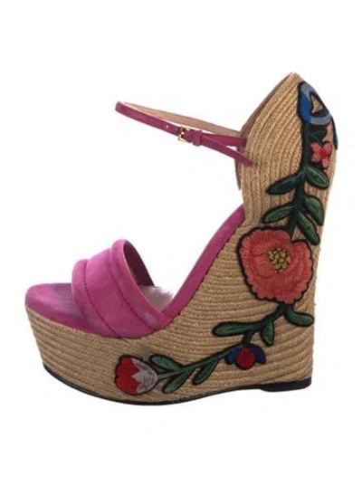 Pre-owned Gucci Suede Floral Print Espadrilles In Pink
