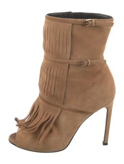 Pre-owned Gucci Suede Fringe Trim Accent Boots In Neutral