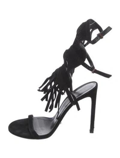 Pre-owned Gucci Suede Fringe Trim Accent Gladiator Sandals In Black