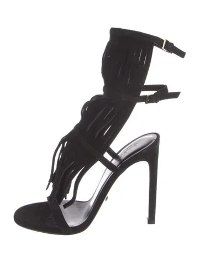 Pre-owned Gucci Suede Fringe Trim Accent Gladiator Sandals In Black