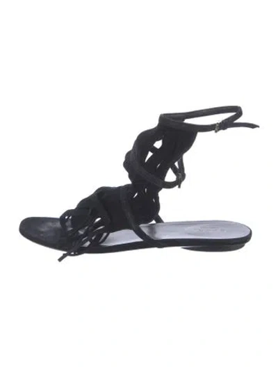 Pre-owned Gucci Suede Fringe Trim Accent Gladiator Sandals In Black
