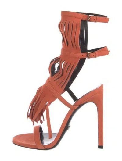 Pre-owned Gucci Suede Fringe Trim Accent Gladiator Sandals In Orange