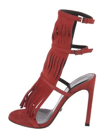 Pre-owned Gucci Suede Fringe Trim Accent Gladiator Sandals In Red