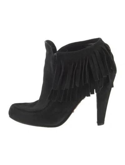 Pre-owned Gucci Suede Fringe Trim Accent Lace-up Boots In Black