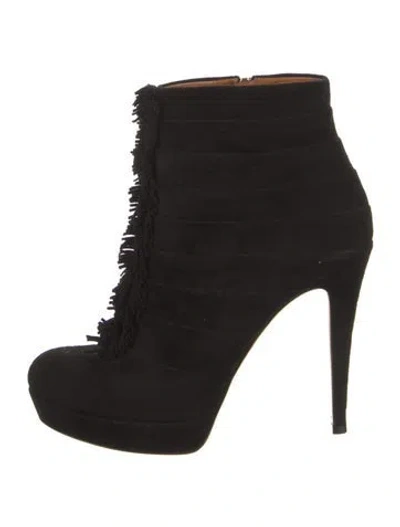 Pre-owned Gucci Suede Fringe Trim Accent Lace-up Boots In Black
