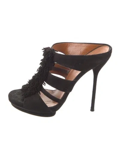 Pre-owned Gucci Suede Fringe Trim Accent Slides In Brown