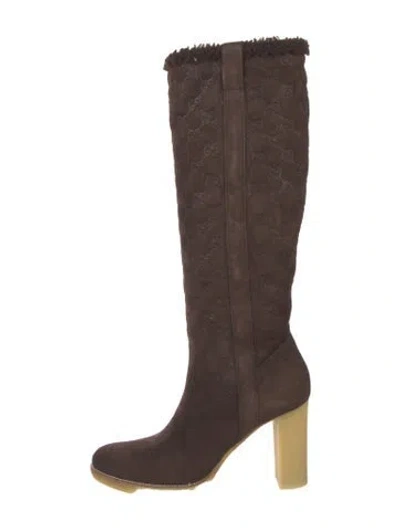 Pre-owned Gucci Suede Graphic Print Boots W/ Tags In Brown