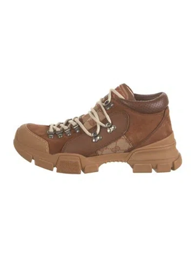 Pre-owned Gucci Suede Graphic Print Hiking Boots In Brown