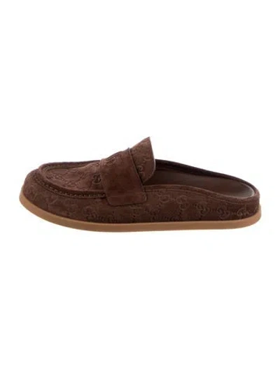 Pre-owned Gucci Suede Graphic Print Mules In Brown