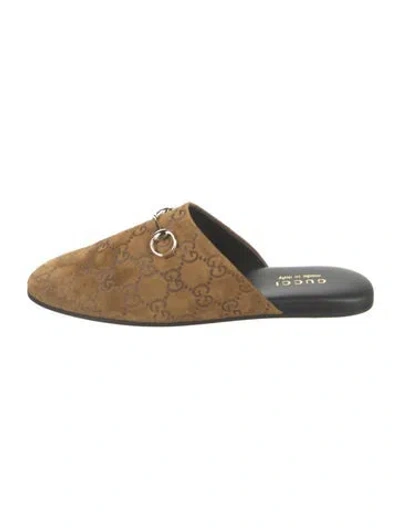 Pre-owned Gucci Suede Graphic Print Mules In Neutrals