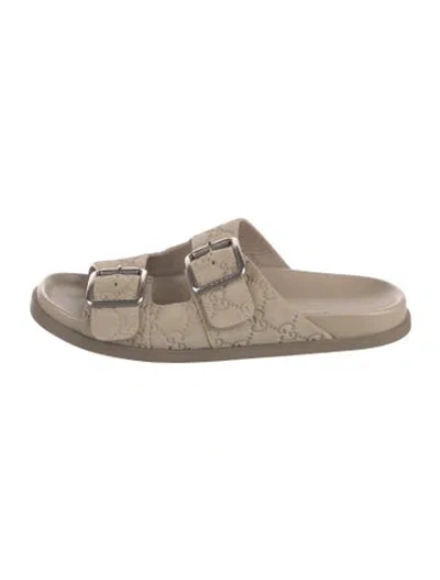 Pre-owned Gucci Suede Graphic Print Slides In Grey/neutrals