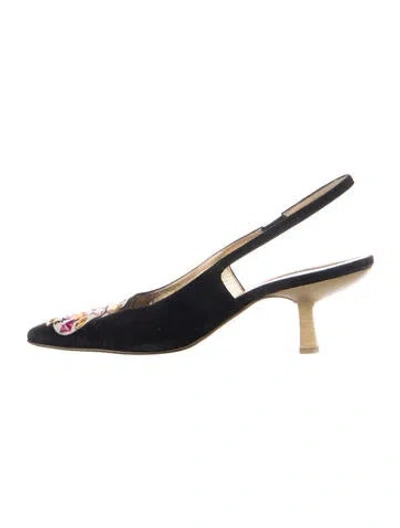 Pre-owned Gucci Suede Graphic Print Slingback Pumps In Black