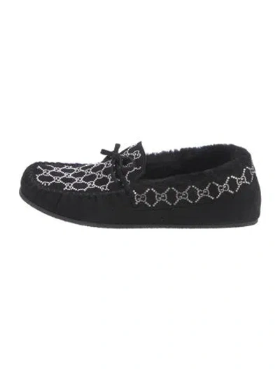 Pre-owned Gucci Suede Graphic Print Slippers In Black