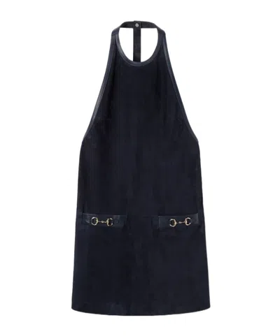 Gucci Suede Halterneck Dress With Horsebit In Blue