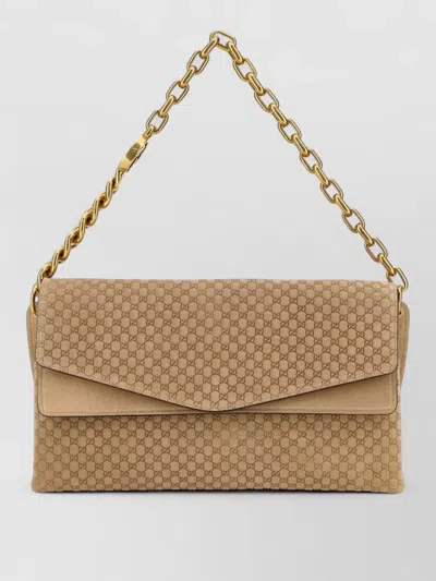 Gucci Large Shoulder Handbag With Suede Finish And Antiqued Golden Metal In Brown