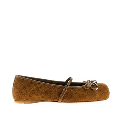 Gucci Suede Leather Ballet Flats With Horsebit In Brown