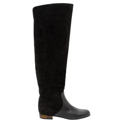 Pre-owned Gucci Suede Leather Bamboo Heel Knee High Boots In Black