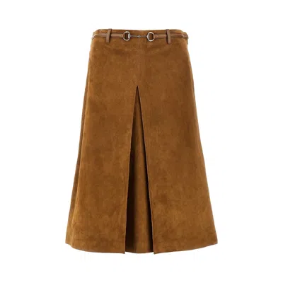 Gucci Suede Leather Midi Skirt With Horsebit Detail In Brown
