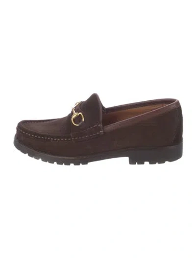 Pre-owned Gucci Suede Leather Trim Embellishment Loafers In Brown