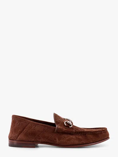 Gucci Suede Loafers With All-over Gg Motif And Iconic Horsebit In Brown