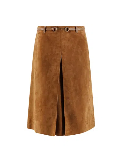Gucci Suede Leather Midi Skirt With Horsebit Detail In Brown