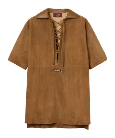 Gucci Suede V-neck Dress With Horsebit In Multi