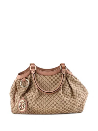 Pre-owned Gucci Sukey Diamante Canvas With Leather Medium Tote Bag In Neutral