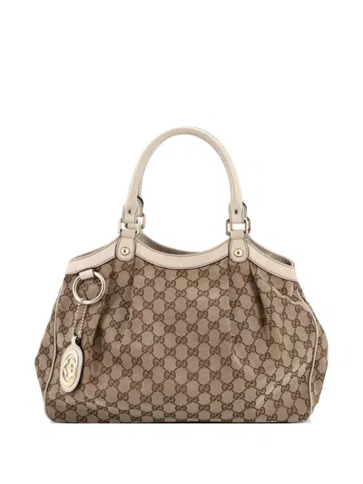 Pre-owned Gucci Sukey Gg Canvas With Leather Medium Tote Bag In Brown