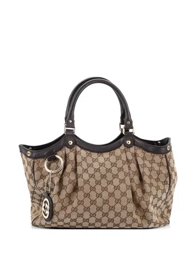 Pre-owned Gucci Sukey Gg Canvas With Leather Medium Tote Bag In Brown