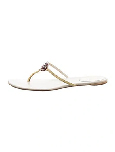 Pre-owned Gucci Sukey Logo Leather Flip Flops In Gold/metallic