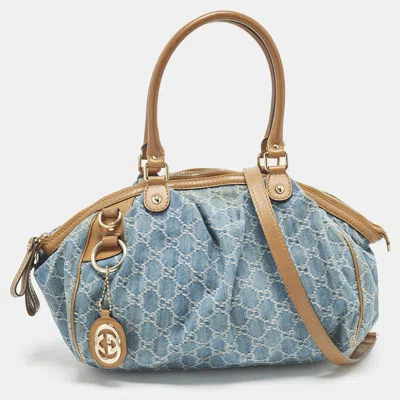 Pre-owned Gucci Sukey Medium Blue/tan Gg Denim Satchel