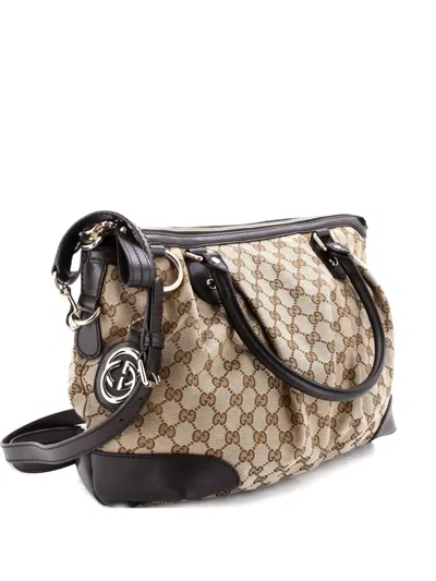 Pre-owned Gucci Sukey Top Handle Gg Canvas With Leather Large Satchel In Brown