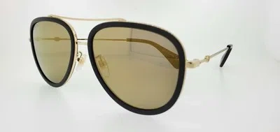 Pre-owned Gucci Sunglasses 0062s 001 57mm Black Gold Aviator Frame Gold Mirror Grey Lenses In Gray