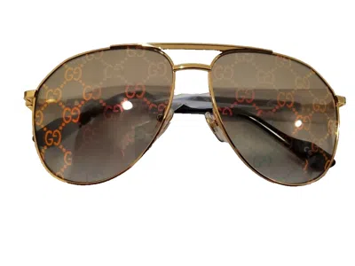 Pre-owned Gucci Sunglasses  Gg1220s 004 Xl Gold & Black/green W/ Gold Pattern Logo Lens