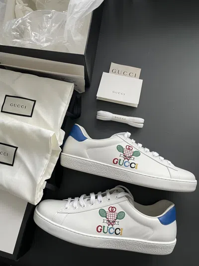 Pre-owned Gucci Super Runway Embroidery Tennis Logo Sneaker In White