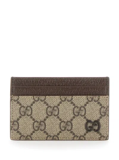 GUCCI GUCCI BEIGE CARD HOLDER WITH LEATHER FINISHES AND ALL-OVER GG MOTIF IN FABRIC MAN