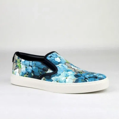 Pre-owned Gucci Supreme Gg Canvas Bloom Print Blue Flower Slip On Sneakers 407362 8471