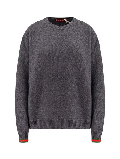 Gucci Grey Crewneck Sweater With Web Detail On The Cuffs In Wool And Cashmere Blend Woman In Gray